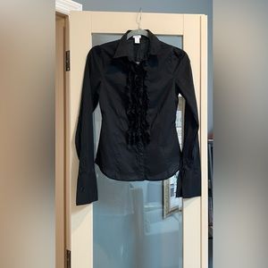 🖤Aqua Black Ruffled Button-down Collared Top